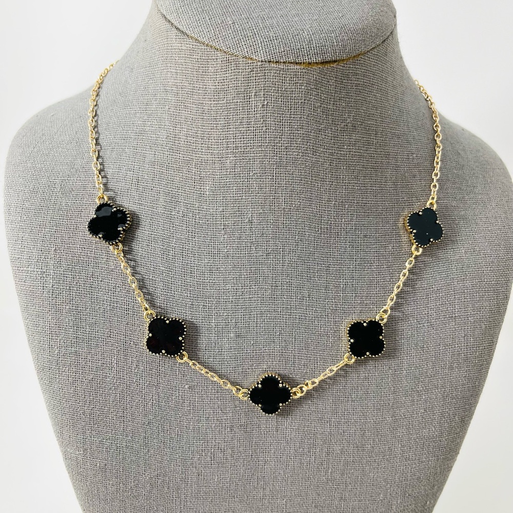Black Gold Quatrefoil Clover Chain Necklace Station Pendant Jewelry